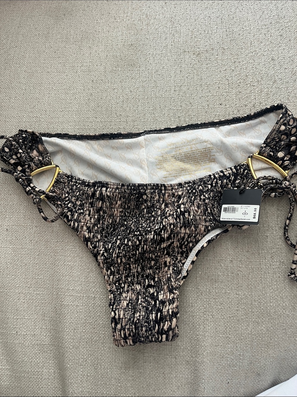 Victoria's Secret Black Beige Smocked Bikini Bottom bathing suit NEW